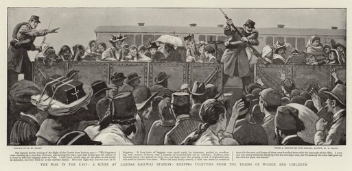 Der Krieg im Osten, eine Szene am Bahnhof von Larissa, Frauen und Kinder von den Zügen fernhalten